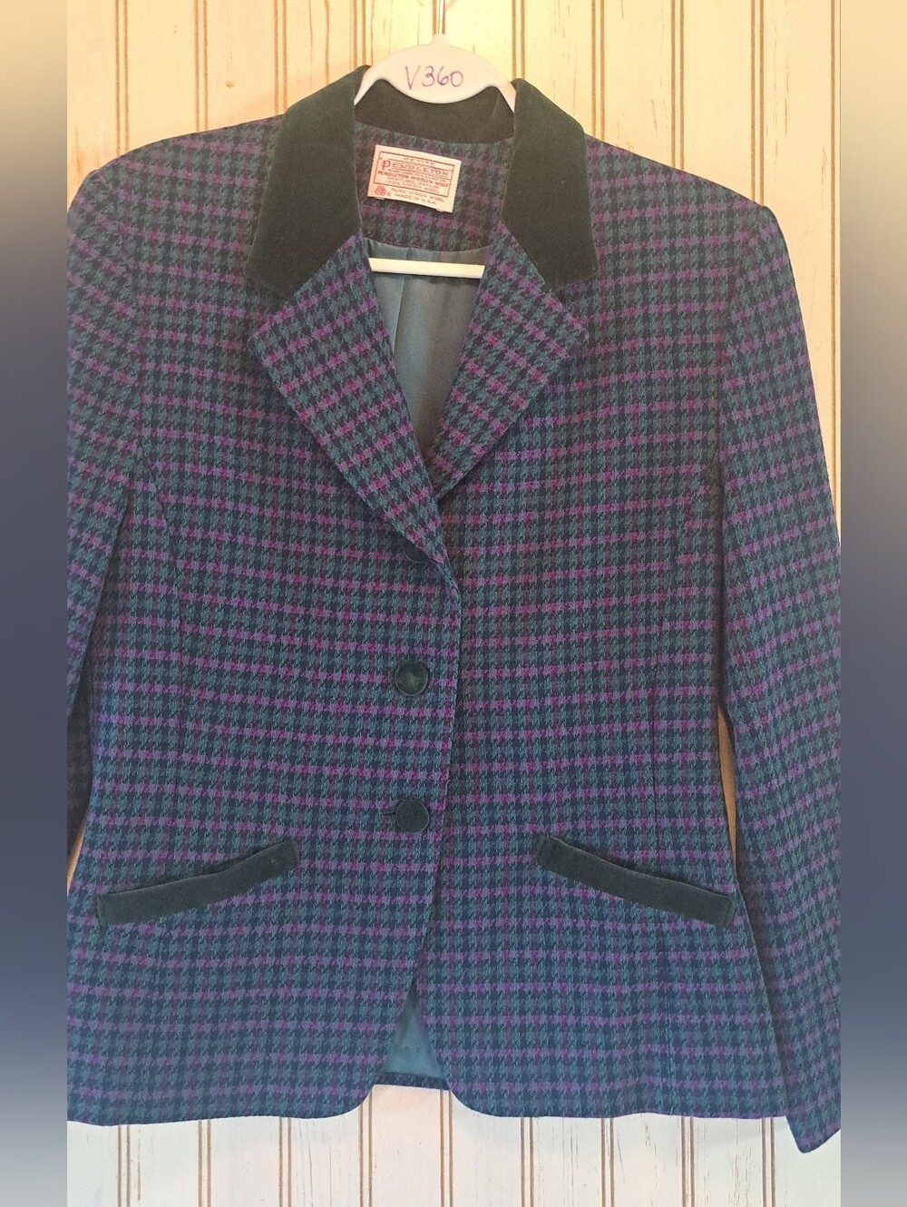 Ladies Vtg Pendleton Blazer Houndstooth Green Purple Lined Wool Velvet Trim 8